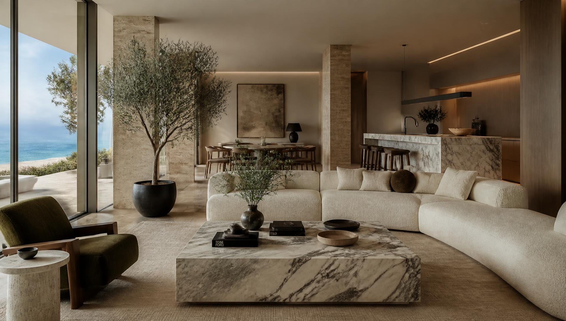 Modern minimalist living room with marble table and ocean view
